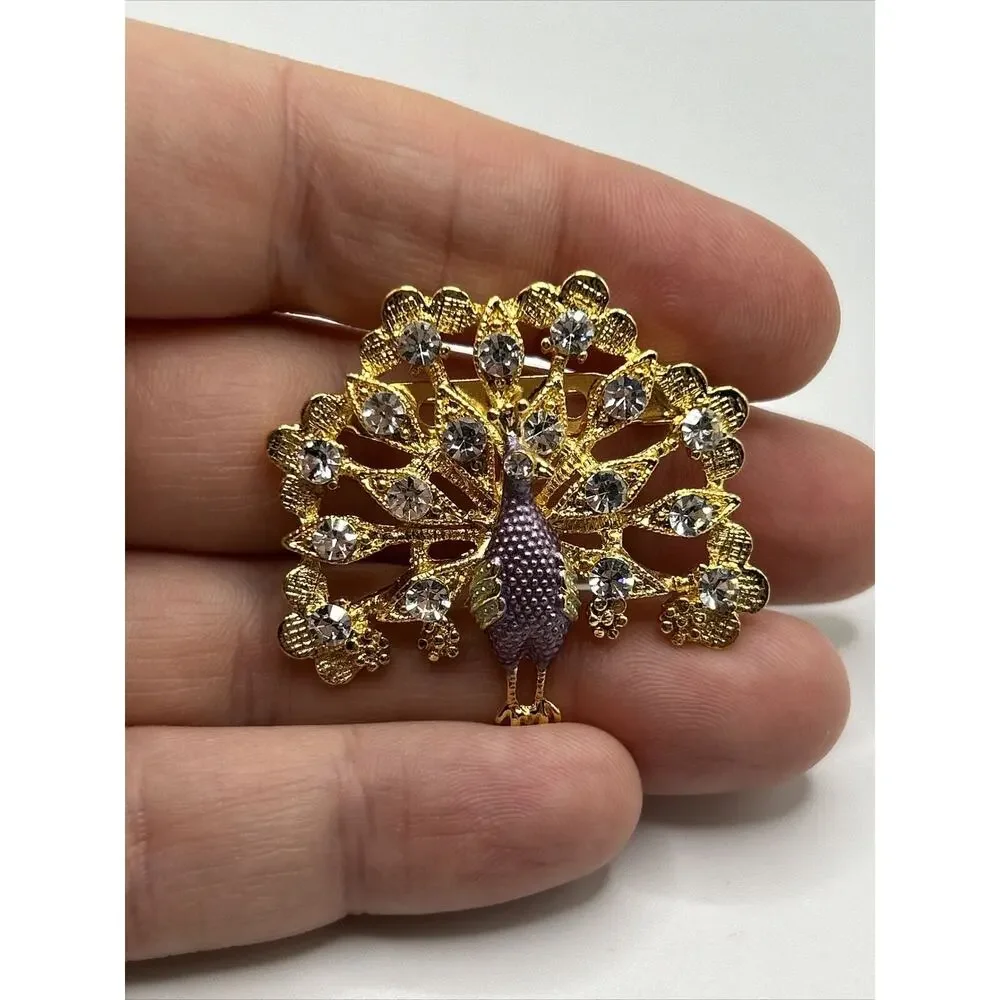 Rhinestone Peacock Lapel Pin Figural Brooch Gold Tone Luxury Pinback Button‎